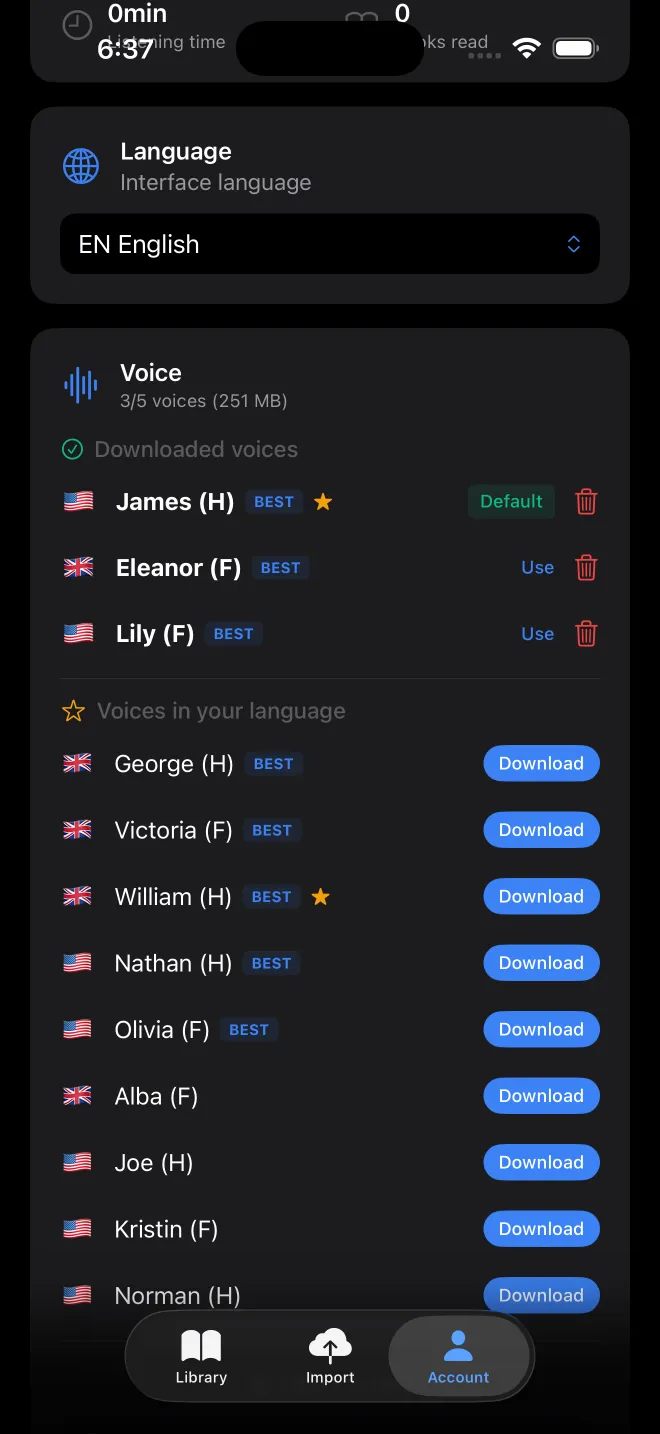 VocaRead Settings - Voice and language selection